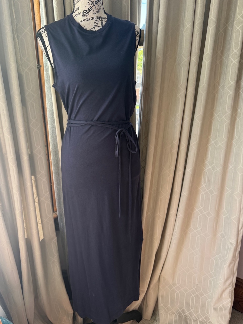 Vince Sleeveless Maxi Dress in Navy Blue with Waist Tie